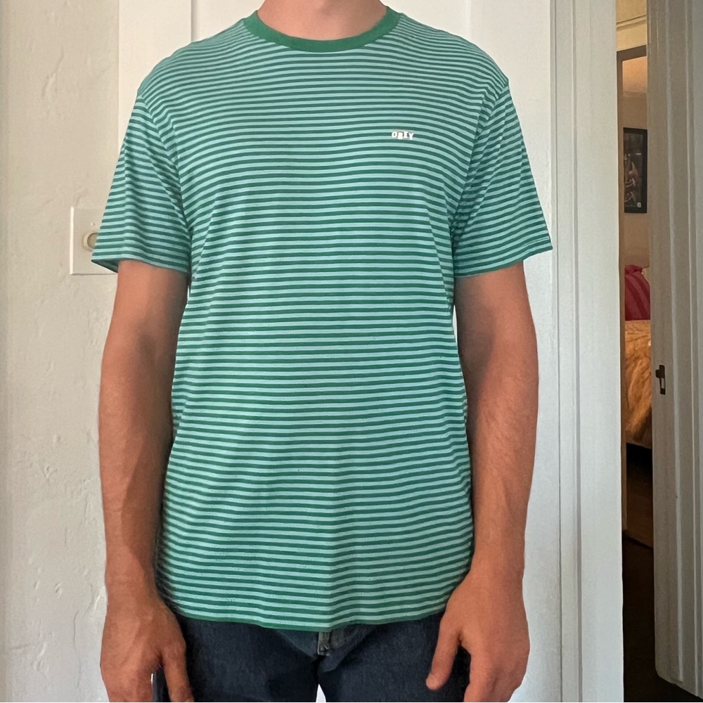 Obey Green and Blue Striped Logo Tee
